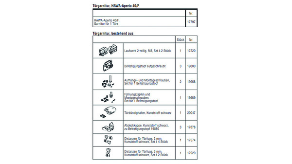 HAWA-Aperto 40/F, Garnitur für 1 Türe