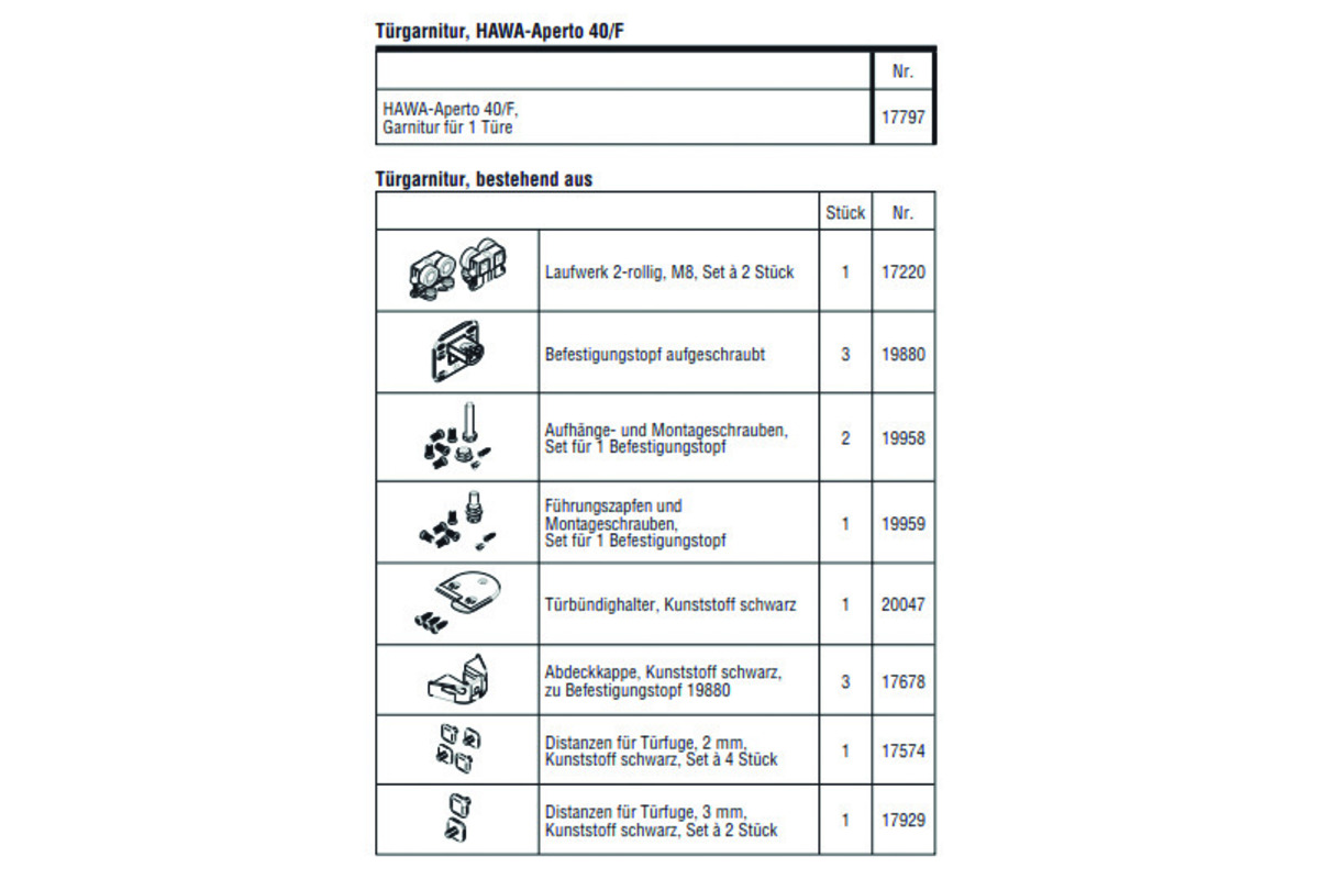 HAWA-Aperto 40/F, Garnitur für 1 Türe