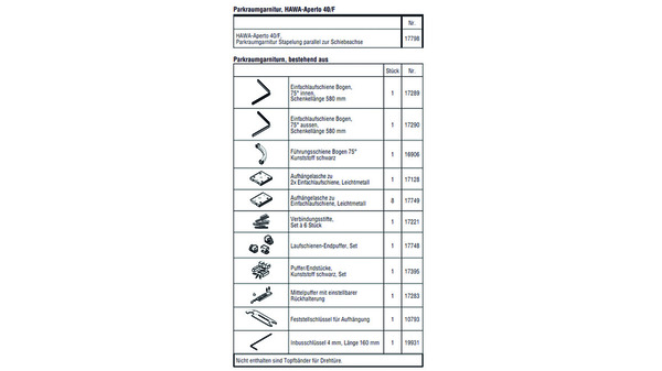 HAWA-Aperto 40/F, Parkraumgarnitur Stapelung parallel zur Schiebeachse