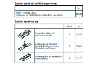HAWA-Frontslide 100/A, Teilgarnitur für 1 Schiebeladen mit niederer Laufschiene