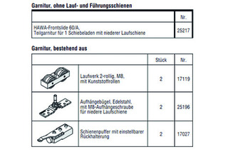 HAWA-Frontslide 60/A, Teilgarnitur für 1 Schiebeladen mit niederer Laufschiene