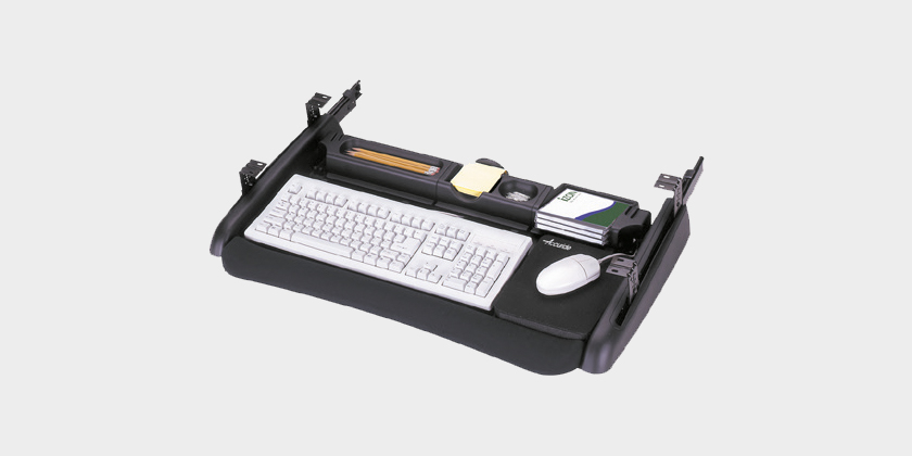 Gerade im Home Office beliebt: Teilauszüge für Tastaturen, die stabil und geräuscharm geführt werden. Die Tastatur kann um -7 Grad angewinkelt werden.